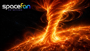 Huge twisting prominence of glowing plasma erupting above the surface of the Sun.