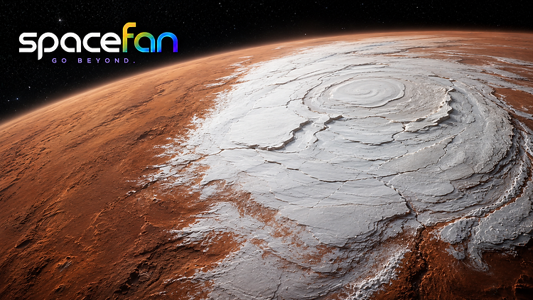 Orbital view of Mars showing its large white northern polar ice cap.