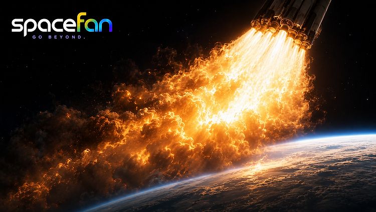 Rocket ascending above Earth with a bright orange exhaust plume.