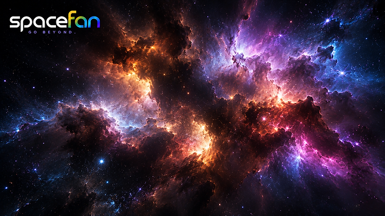 Colorful glowing nebula filled with stars and clouds of blue, purple, orange, and red gas.