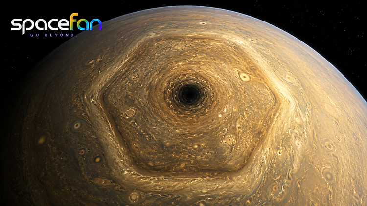 Large dark atmospheric vortex surrounded by swirling storms in Jupiter's turbulent clouds.