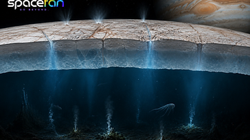 Cutaway illustration of Europa showing its icy crust, deep subsurface ocean, hydrothermal vents, and speculative life below the ice.