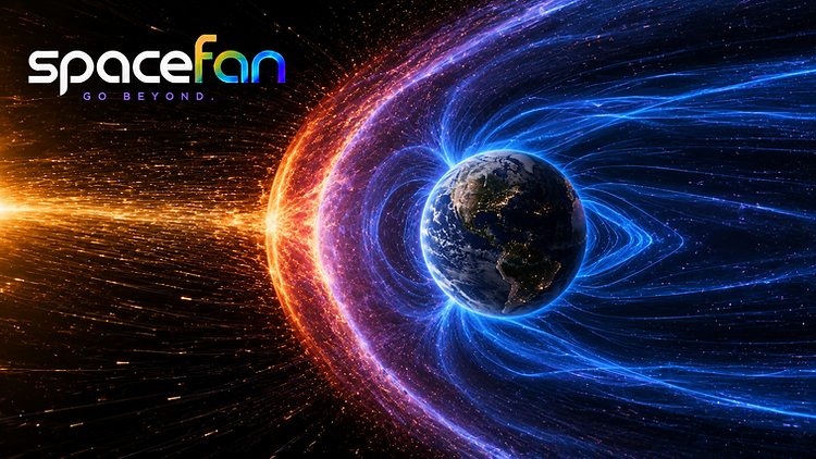Earth surrounded by glowing magnetic field lines as solar particles strike the magnetosphere.