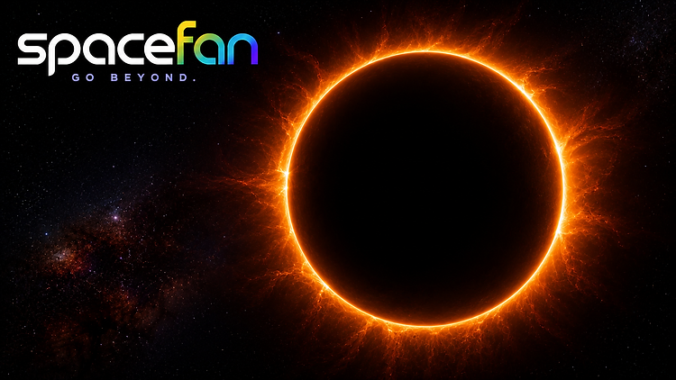 Dark eclipsed solar disk surrounded by a brilliant orange ring of fire and turbulent glowing corona against deep space.