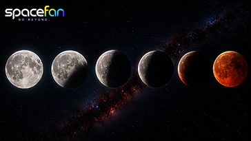 Six detailed moons showing different lunar illumination phases arranged across a star field and the Milky Way.