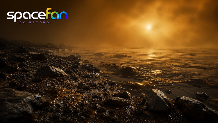 Dark rocky shoreline beside a golden hydrocarbon sea beneath Titan's thick orange haze.