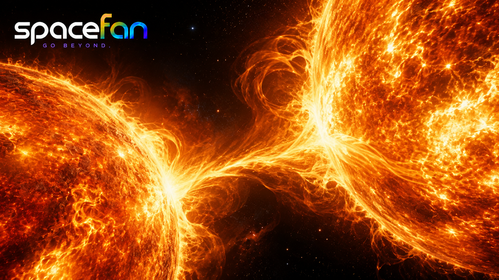 Two fiery stars interacting through huge glowing loops and streams of stellar plasma.