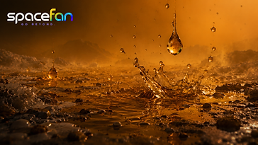 Liquid droplets splash across the wet surface of Titan beneath its dense orange atmosphere.