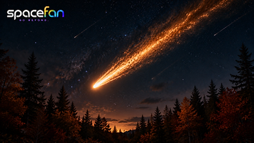Fiery meteor streaking across the Milky Way above an autumn forest at night.