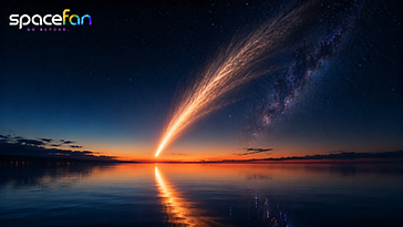 Fiery orange comet descending over a calm twilight lake with its glowing trail reflected across the water.