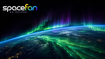 Green and purple auroras glowing above Earth's curved horizon as seen from space.