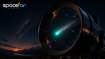 Large telescope lens reflecting a bright green comet beneath the Milky Way above a mountain landscape at dusk.