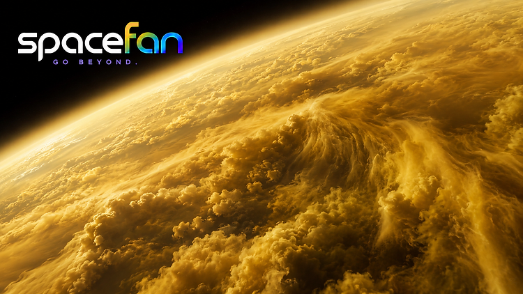 Vast golden cloud formations covering the atmosphere of Venus as seen from above.