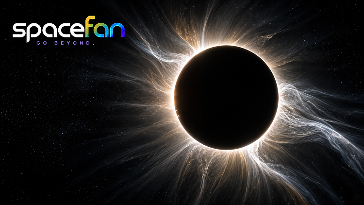 Total solar eclipse showing a dark central disk surrounded by the bright flowing corona of the Sun.