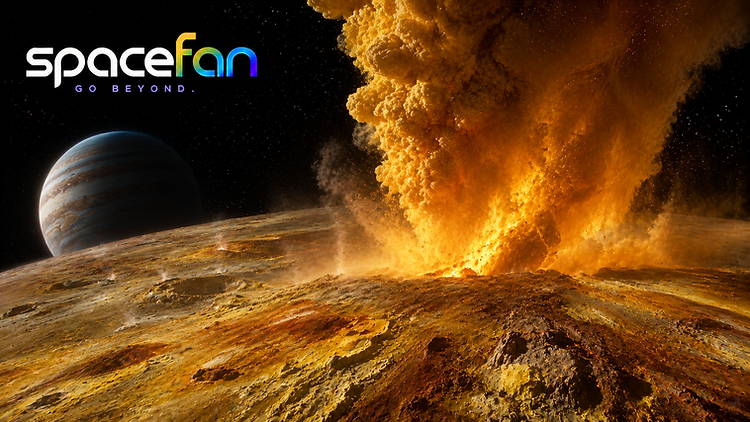Huge volcanic eruption on the orange surface of Io with Jupiter visible in space behind it.