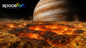 Glowing lava lakes and fractured volcanic terrain on Io with Jupiter looming in the background.