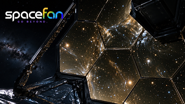 Close-up of the James Webb Space Telescope's gold hexagonal segmented primary mirror in space.