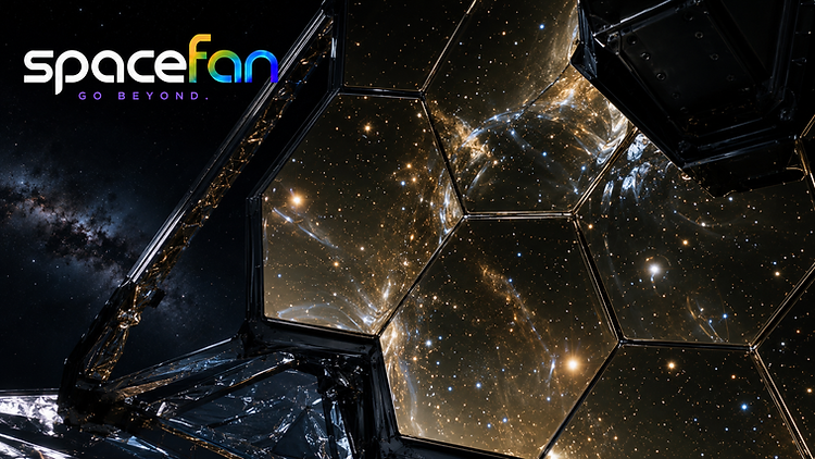 Close-up of the James Webb Space Telescope's gold hexagonal segmented primary mirror in space.