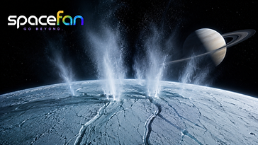 Geysers erupt from the icy surface of Enceladus while ringed Saturn hangs in the background.