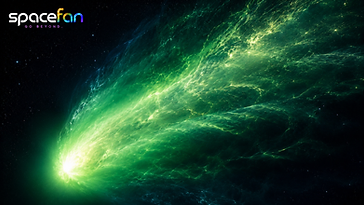 Brilliant green comet with a huge turbulent emerald plasma tail streaming across deep space.