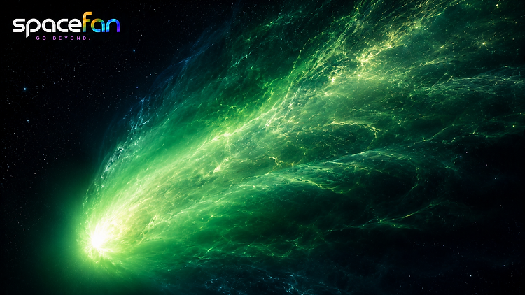 Brilliant green comet with a huge turbulent emerald plasma tail streaming across deep space.