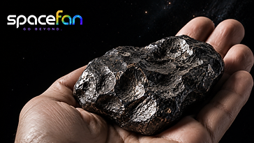 Dark metallic-looking meteorite resting in the palm of a person's hand.