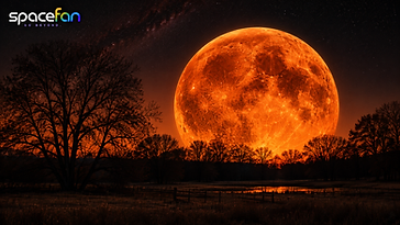 Giant glowing orange harvest moon rising behind silhouetted trees and a rural field under a dark starry sky.