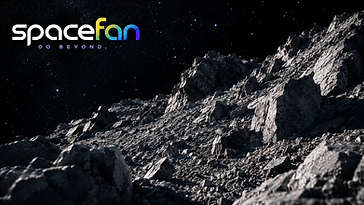 Rugged rocky asteroid surface covered with boulders beneath a star-filled sky.