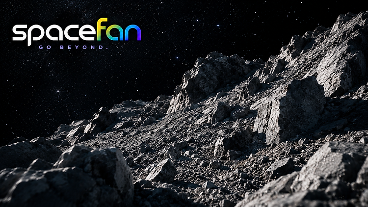 Rugged rocky asteroid surface covered with boulders beneath a star-filled sky.