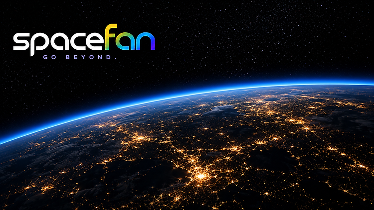 Curved nighttime Earth seen from orbit with glowing city lights across the surface.