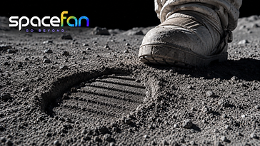 Astronaut boot beside a deep footprint pressed into the dusty surface of the Moon.
