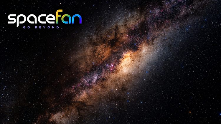 Dense star fields and glowing dust clouds across the center of the Milky Way galaxy.