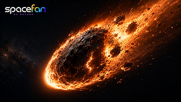 Large fractured asteroid engulfed in flames and glowing debris as it travels through space.