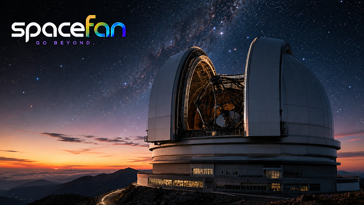 Large astronomical telescope inside an open mountain observatory dome beneath a star-filled night sky.