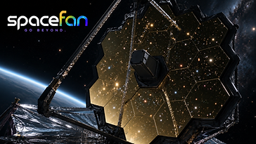 James Webb Space Telescope in space with its gold segmented mirror facing the stars.