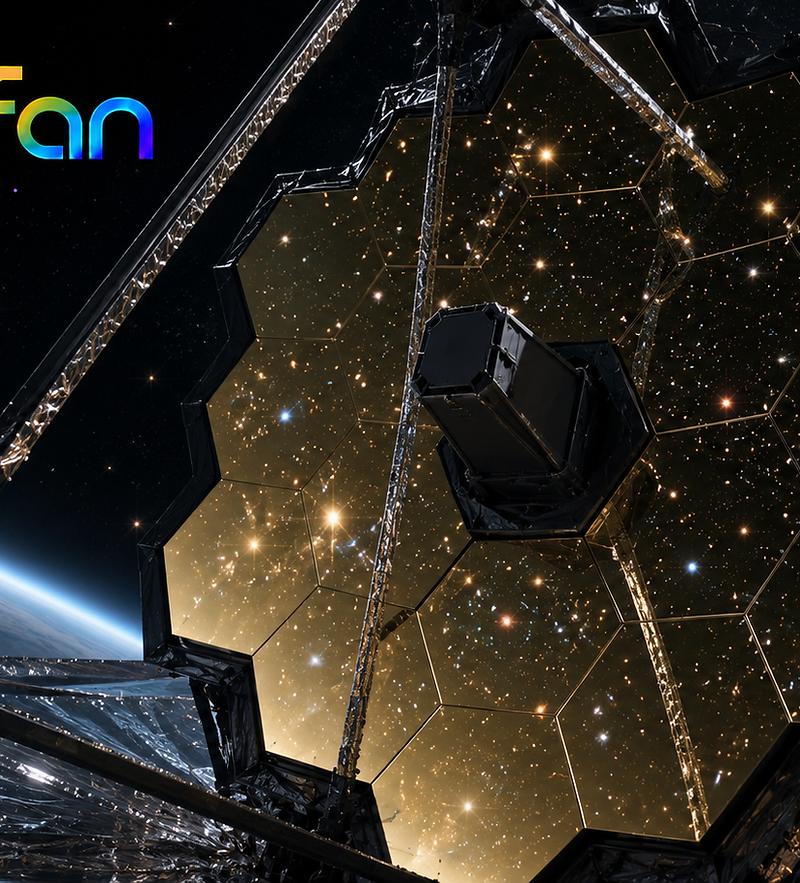 James Webb Space Telescope in space with its gold segmented mirror facing the stars.