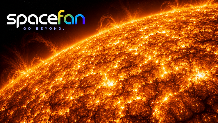 Close-up of the fiery Sun showing bright active regions and looping plasma above its surface.