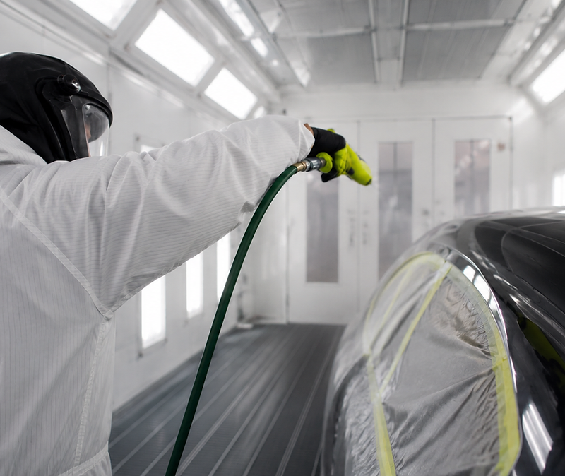 Technician painting a car in a spray booth