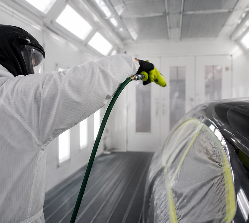 Technician painting a car in a spray booth