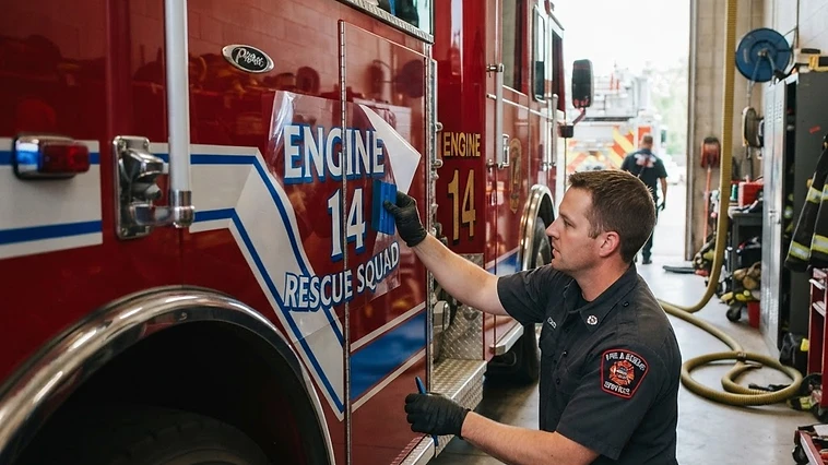 Technician applying a decal to a fire truck