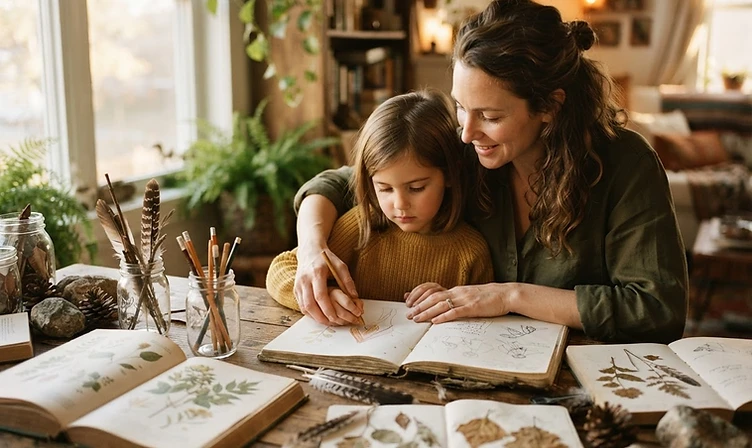 A parent and child learning together over books and natural materials