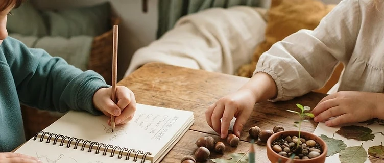 Children's hands learning at a warm homeschool table with oak leaves, acorns, and a growing sprout