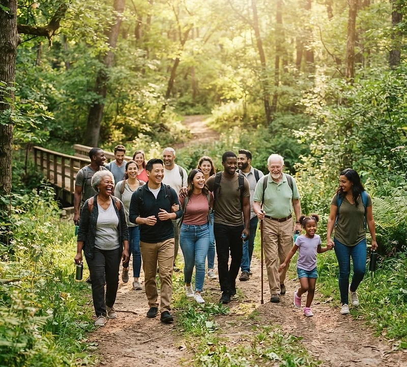 People of all ages walking together at sunrise, building community around invisible chronic conditions