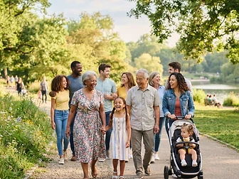 A diverse group of walkers moving forward together on the LiveSeen Walk
