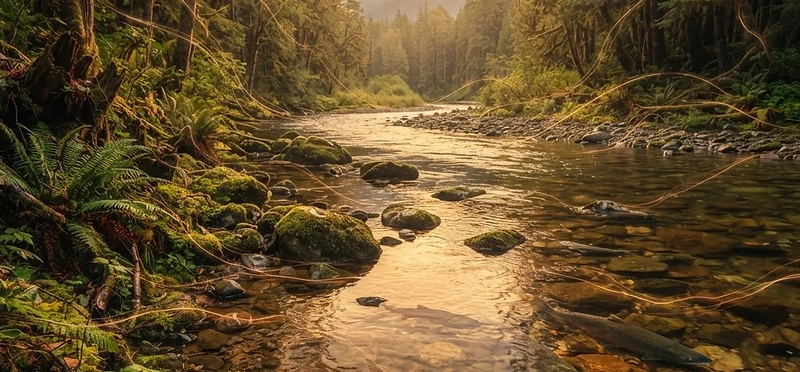 A river bend in an old-growth forest at sunset