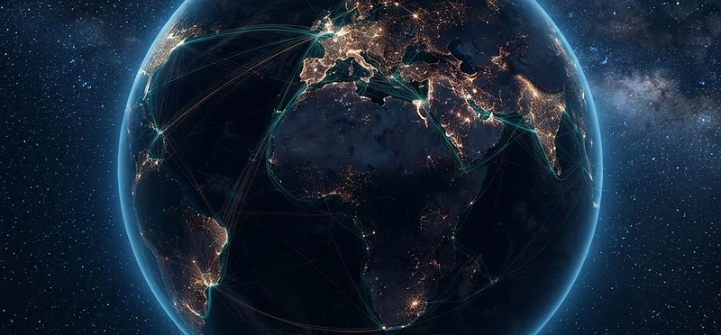 Earth seen from space, its regions joined by fine threads of light