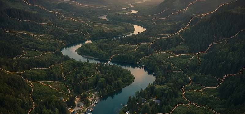 A river valley watershed descending from mountains toward a small settlement