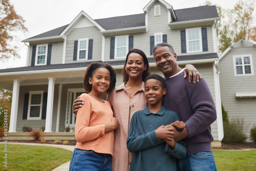 A family in front of their home