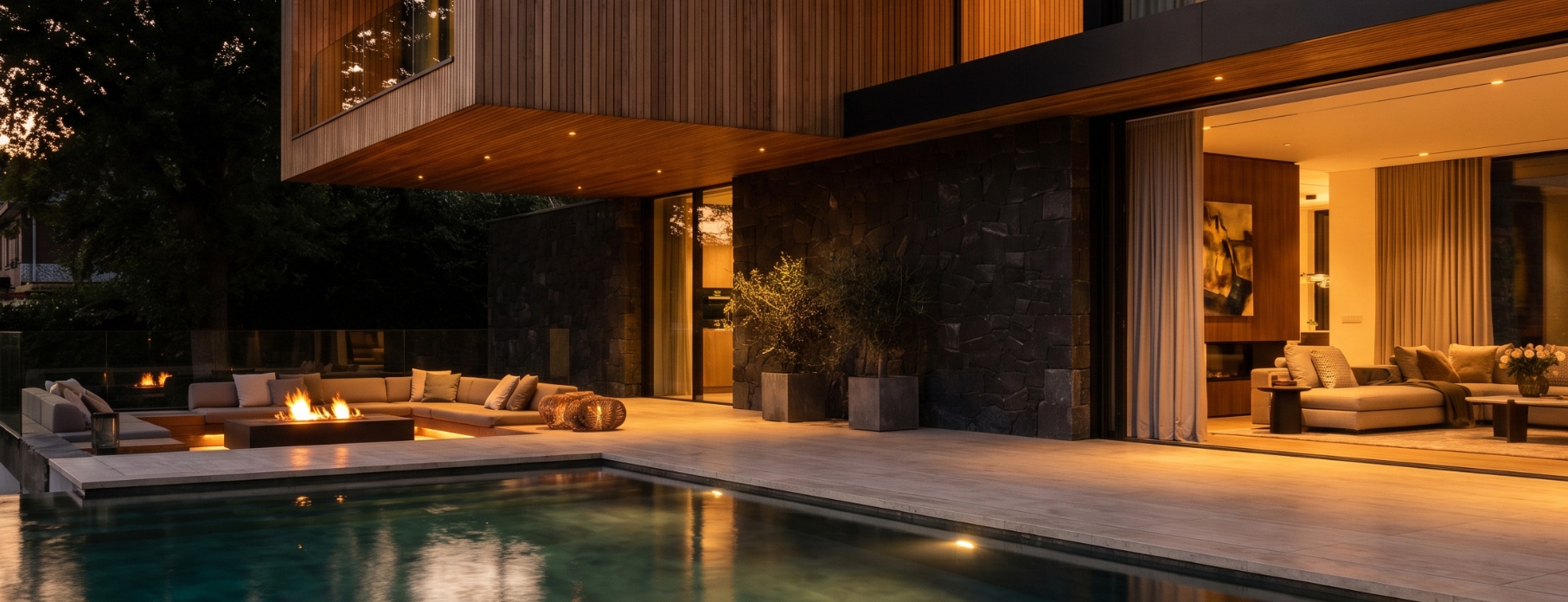 A modern luxury home at dusk