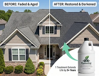 Before and after roof rejuvenation on an asphalt shingle roof